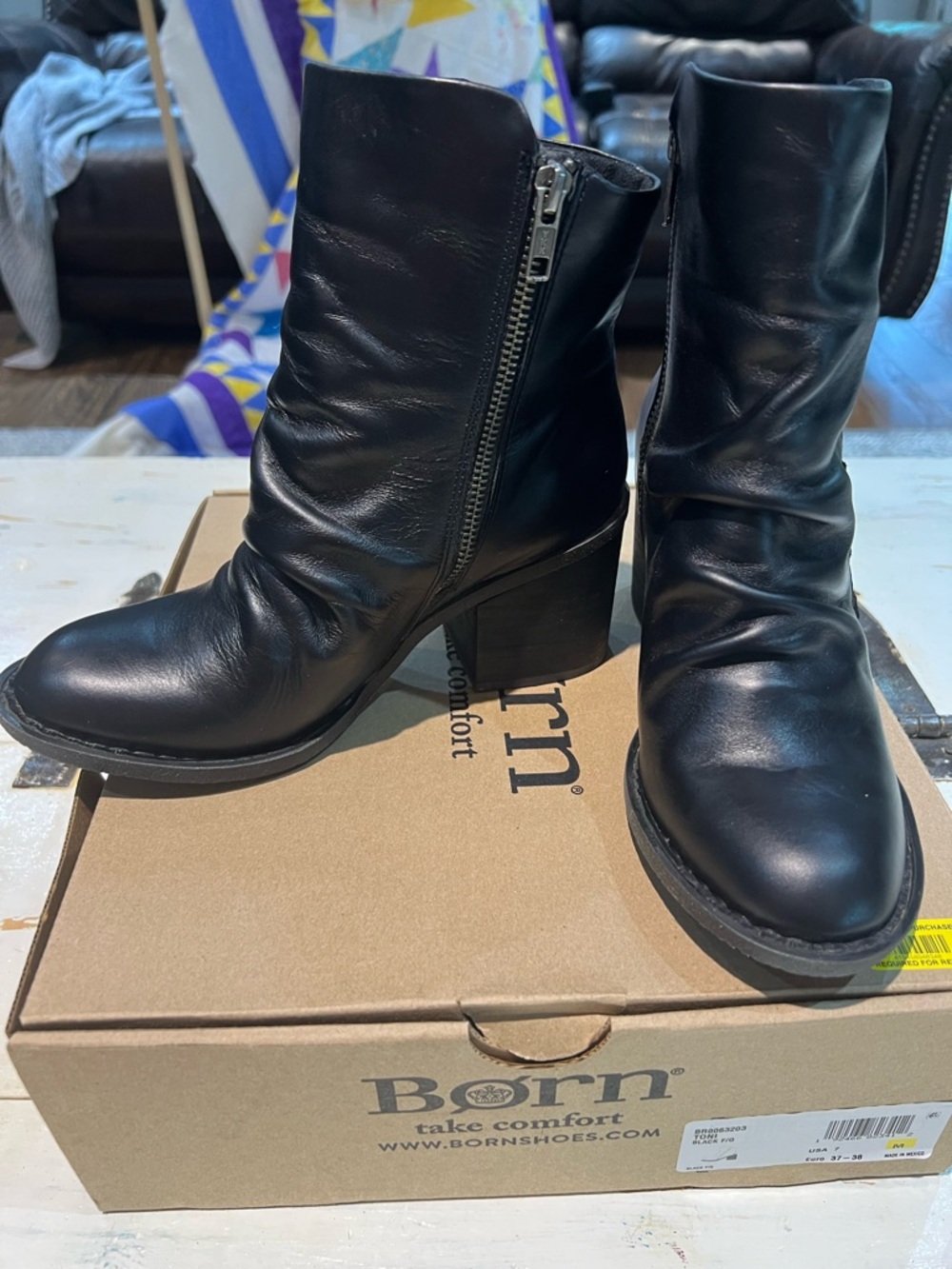 Born Black Leather Side-Zip Block Heel Ankle Boots